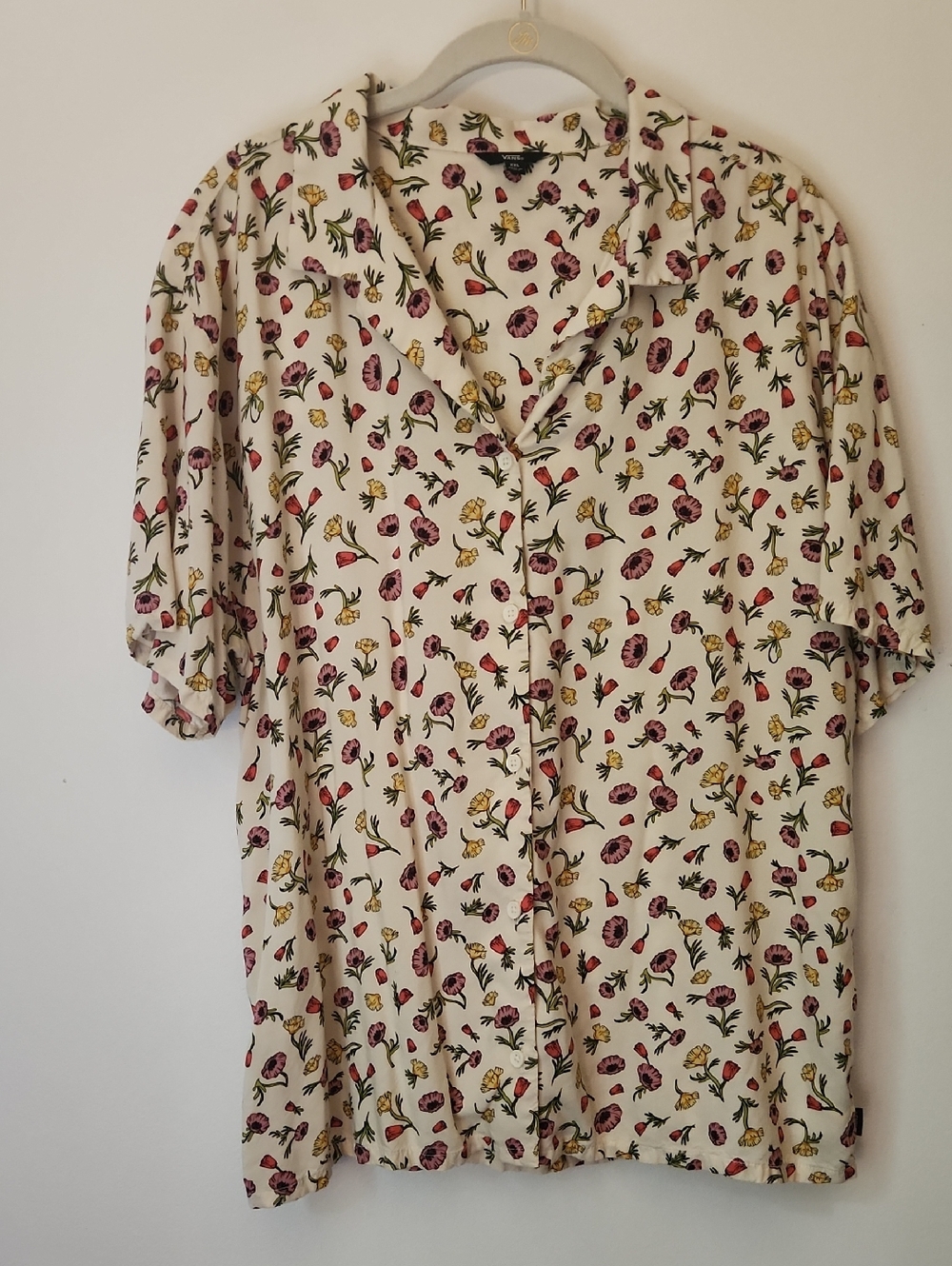 Vans Floral Button Down Shirt - Cream with Red, Yellow, Lavender, Size Xxl